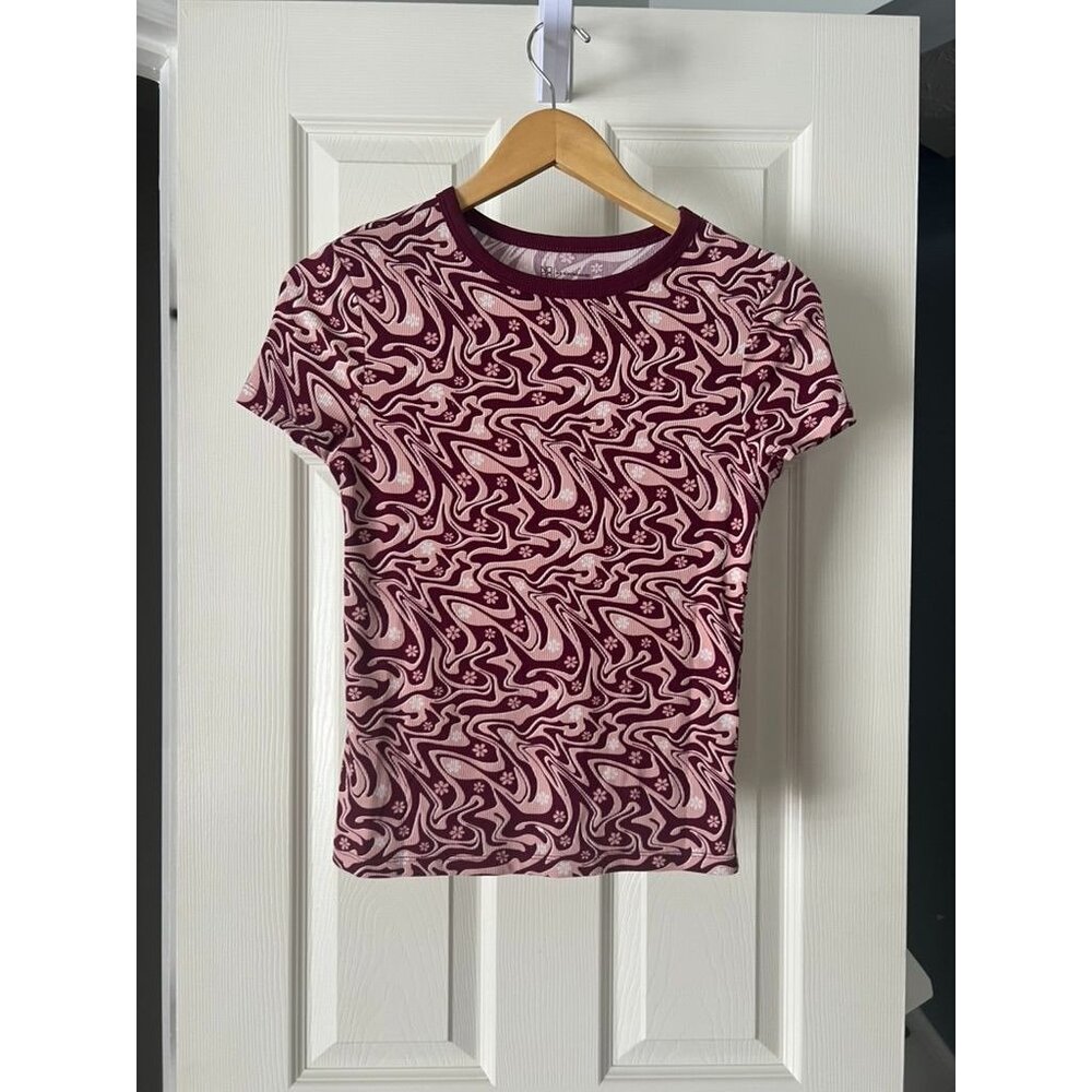 No Boundaries Ribbed Abstract Swirl Top Small Pink Burgundy Y2K Stretch